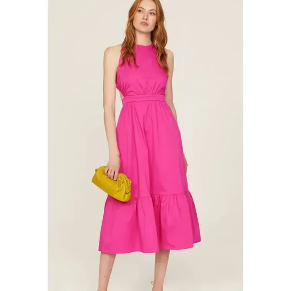 Peter Som Hot Pink Tiered Barbiecore Cross Back Semi Formal Summer Midi Dress 6 - Picture 2 of 15